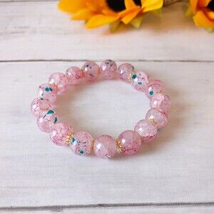 New Pink Glass w/Multicolor Specks Stretch Bracelet Crackled Beads